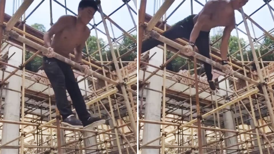 Mr Wei swings, jumps and loops himself around parallel scaffolding bars on a construction site. Photo: YouTube/Lance Long