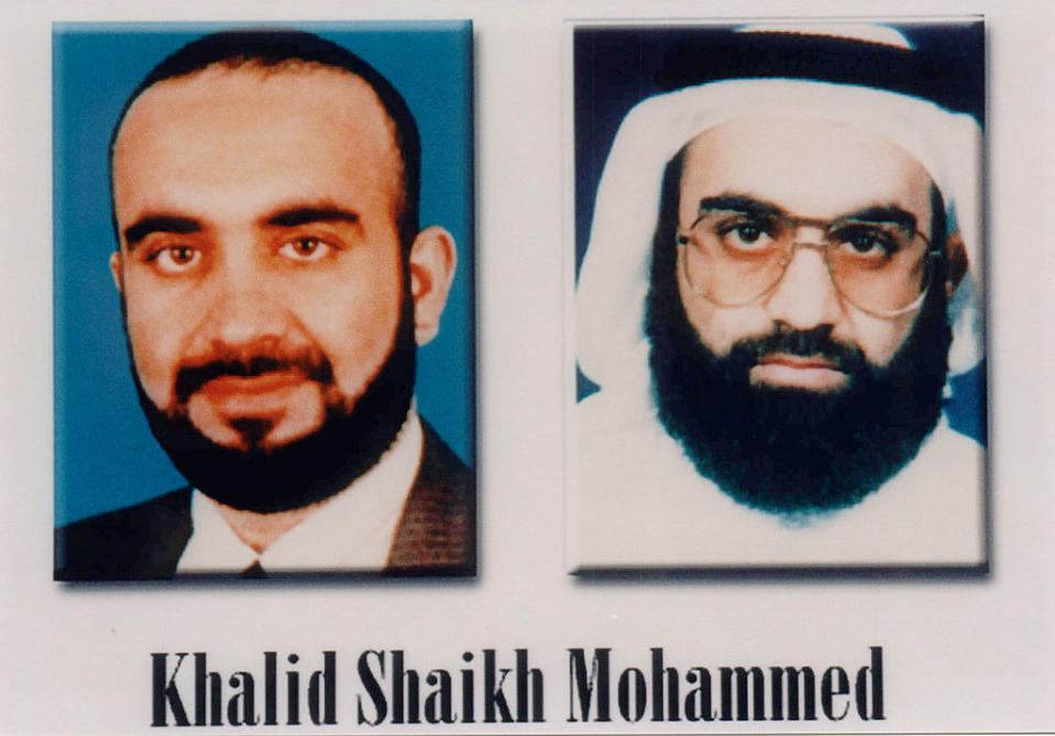 COMPOSITE PIC: Khalid Shaikh Mohammed released by the FBI and President Bush during a press conference to announce the Most Wanted Terrorist list.  (Photo by Mai/Mai/The LIFE Images Collection via Getty Images/Getty Images)