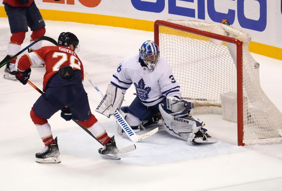 Florida Panthers right wing Claude Giroux (28) scores a goal past Toronto Maple Leafs goaltender Jack Campbell (36) during their April 5 game.
