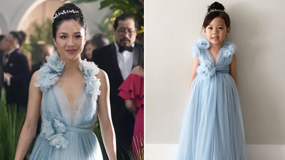 The mum wanted to help her daughter Olivia to embrace her Asian heritage, creating a replica of lead actress Constance Wu’s dress. Source: Warner Bros (L)/Instagram (R)