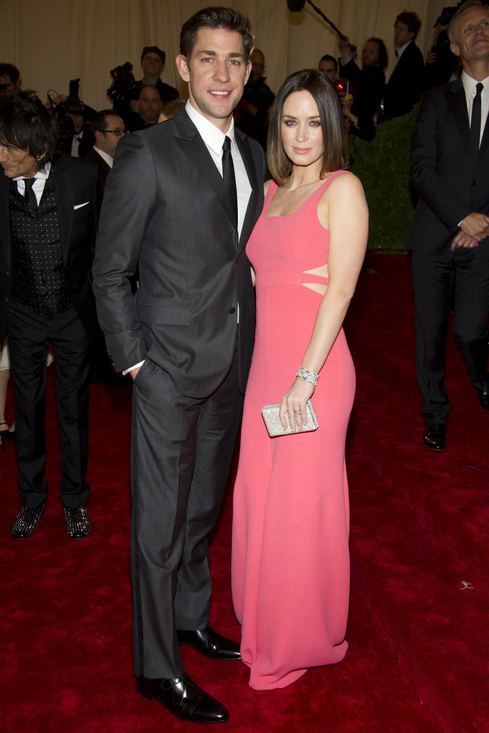 John Krasinski and Emily Blunt arrive at the Metropolitan Museum of Art Costume Institute gala benefit, celebrating Elsa Schiaparelli and Miuccia Prada, Monday, May 7, 2012 in New York. (AP Photo/Charles Sykes)