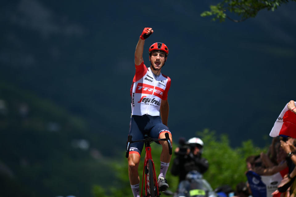 GRENOBLE ALPES MTROPOLE FRANCE  JUNE 11 Giulio Ciccone of Italy and Team Trek  Segafredo celebrates at finish line as stage winner during the 75th Criterium du Dauphine 2023 Stage 8 a 1528km stage from Le PontdeClaix to La Bastille  Grenoble Alpes Mtropole 498m  UCIWT  on June 11 2023 in Grenoble Alpes Mtropole France Photo by Dario BelingheriGetty Images