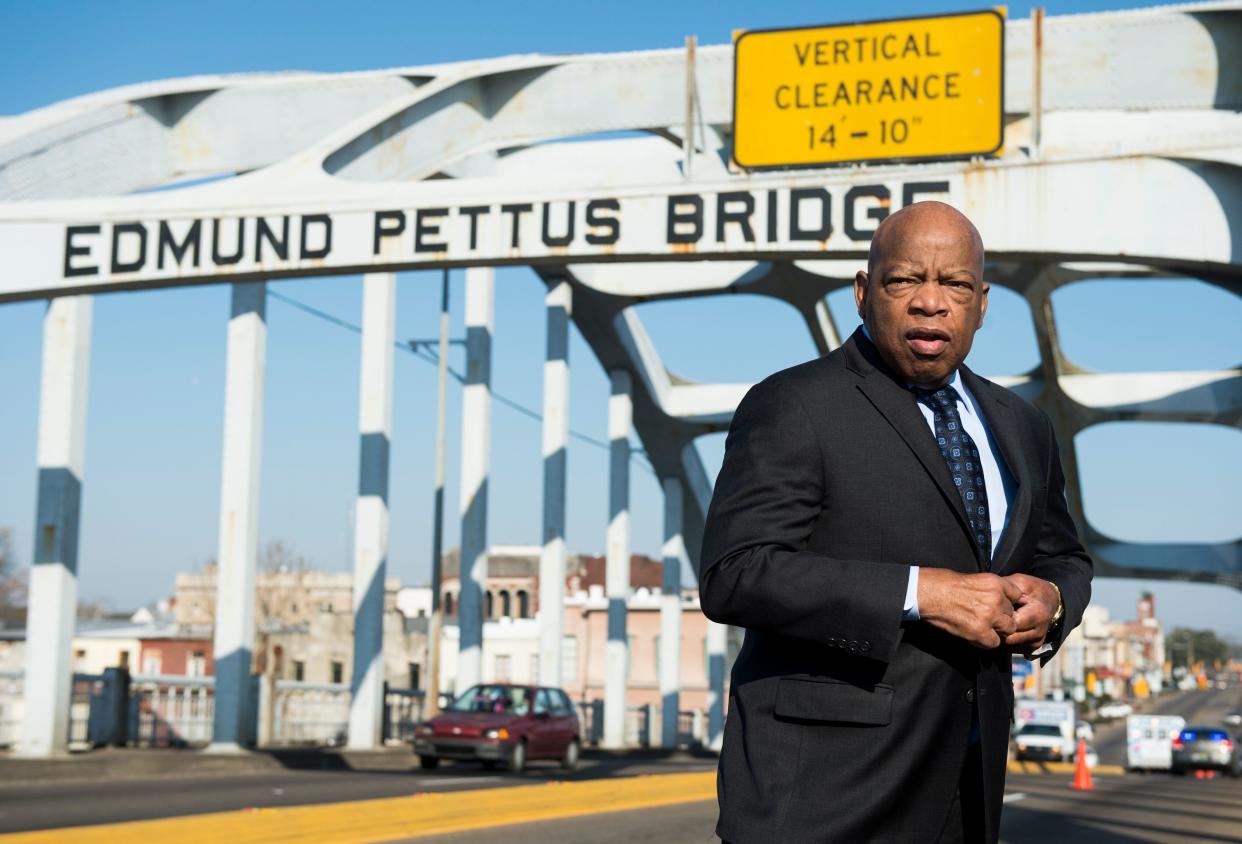 Rep. John Lewis (D-Ga.) stands on the Edmund Pettus Bridge in Selma, Alabama, on Feb. 14, 2015. Lewis was beaten by police on the bridge on Bloody Sunday, on March 7, 1965, during an attempted march for voting rights from Selma to Montgomery. (Photo: Bill Clark/CQ Roll Call via Getty Images)