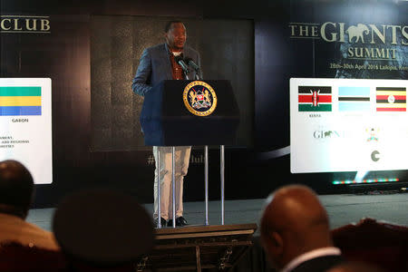 Kenyan President Uhuru Kenyatta addresses an audience during the second day of the Giant Club Summit of African leaders and others on tackling poaching of elephants and rhinos at the Fairmont Mount Kenya Safari Club in Nanyuki, Laikipia county, Kenya, Laikipia county, Kenya, April 29, 2016. REUTERS/Siegfried Modola