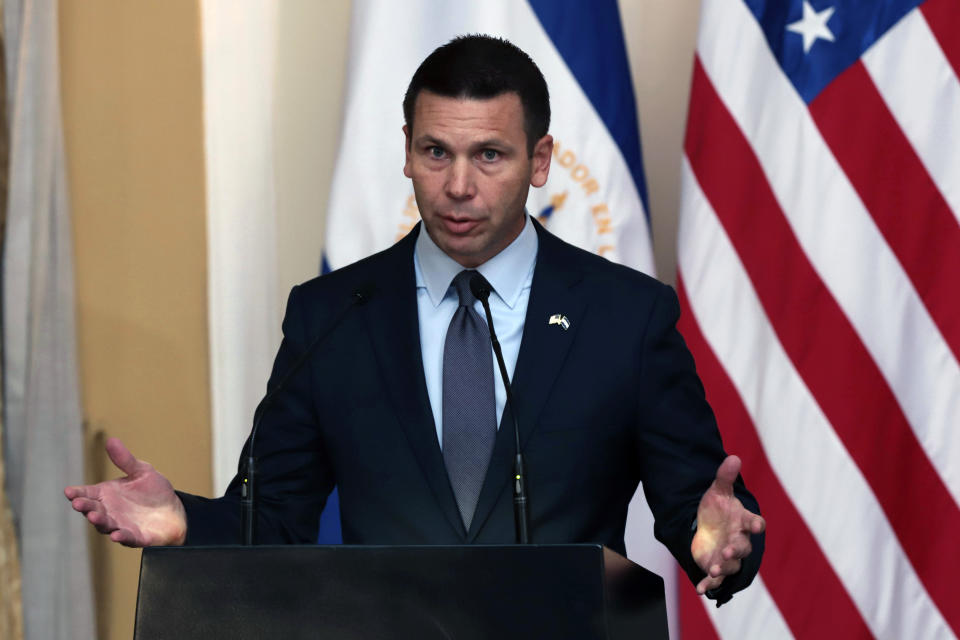 Acting U.S. Homeland Security Secretary Kevin McAleenan speaks during a press conference in San Salvador, El Salvador, Wednesday, Aug. 28, 2019. (AP Photo/Salvador Melendez)