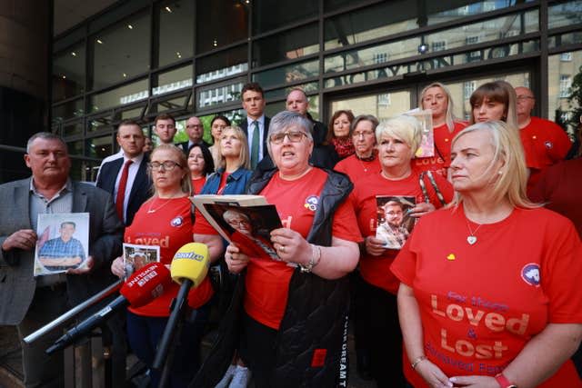 Brenda Doherty of Northern Ireland Covid-19 Bereaved Families for Justice outside the inquiry 