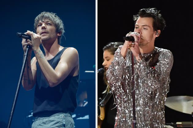 Louis Tomlinson and Harry Styles performing in 2023