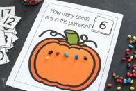 <p>A game and learning moment all in one. Kids can pick a number card, place it in the square, then count out how many "seeds" are needed to match the number. You can use candy as the seeds to make it even more fine.</p><p><em><a href="https://typicallysimple.com/counting-pumpkin-seeds/" rel="nofollow noopener" target="_blank" data-ylk="slk:Get the printable at Typically Simple »;elm:context_link;itc:0;sec:content-canvas" class="link ">Get the printable at Typically Simple » </a></em></p>