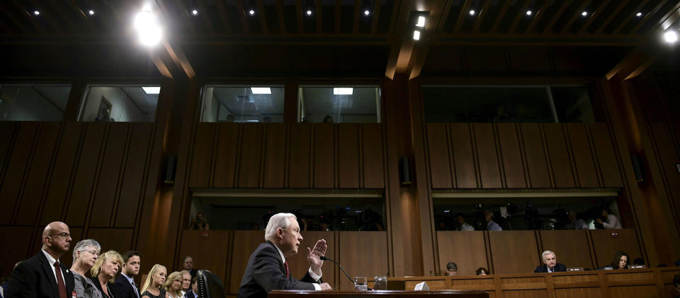 <p>Attorney General Jeff Sessions testifies during a US Senate Select Committee on Intelligence hearing on Capitol Hill in Washington, DC, June 13, 2017. (Photo: Brendan Smialowski/AFP/Getty Images) </p>