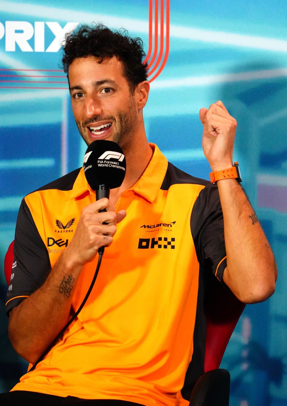 May 6, 2022; Miami Gardens, Florida, USA; McLaren driver Daniel Ricciardo of Australia  talks with the media during a press conference before their practice session for the Miami Grand Prix at Miami International Autodrome. Mandatory Credit: John David Mercer-USA TODAY Sports