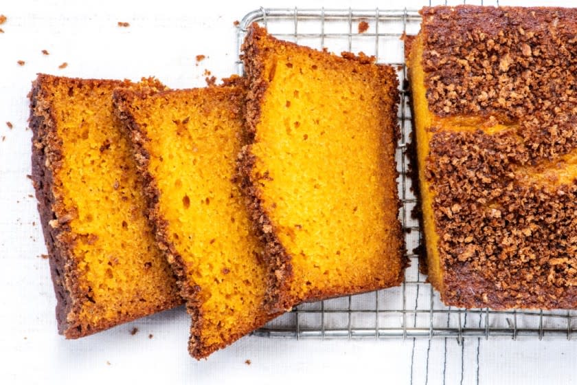 Roasted pumpkin makes for the perfect loaf cakes, topped with spiced bread crumbs for fall flavor and crunch. Prop styling by Nidia Cueva.