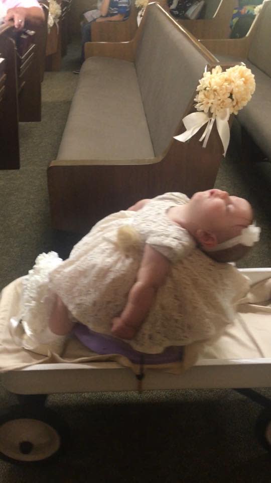 Little Rugbie sweetly snoozing during her flower girl duties. (Photo: Amber Morman)