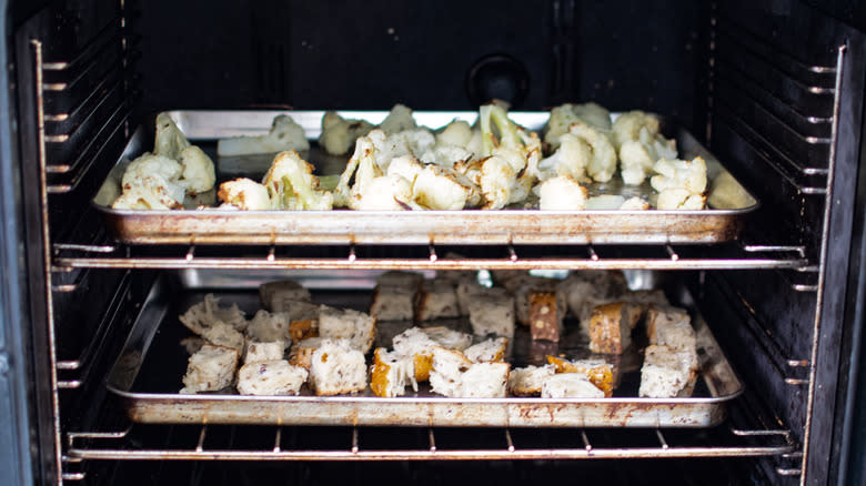 cauliflower and croutons in oven