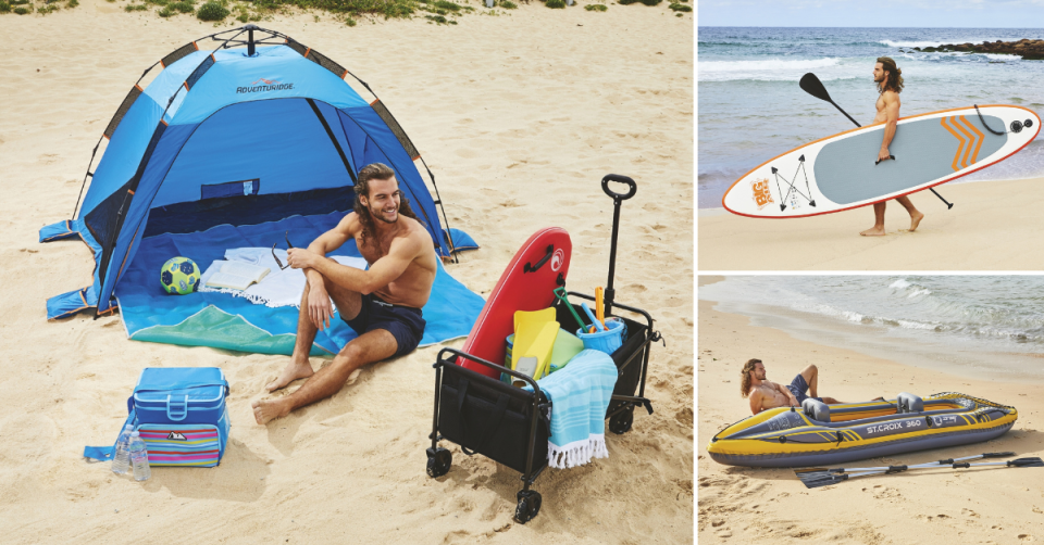 A pop-up tent, paddleboard and an inflatable kayak available from Aldi