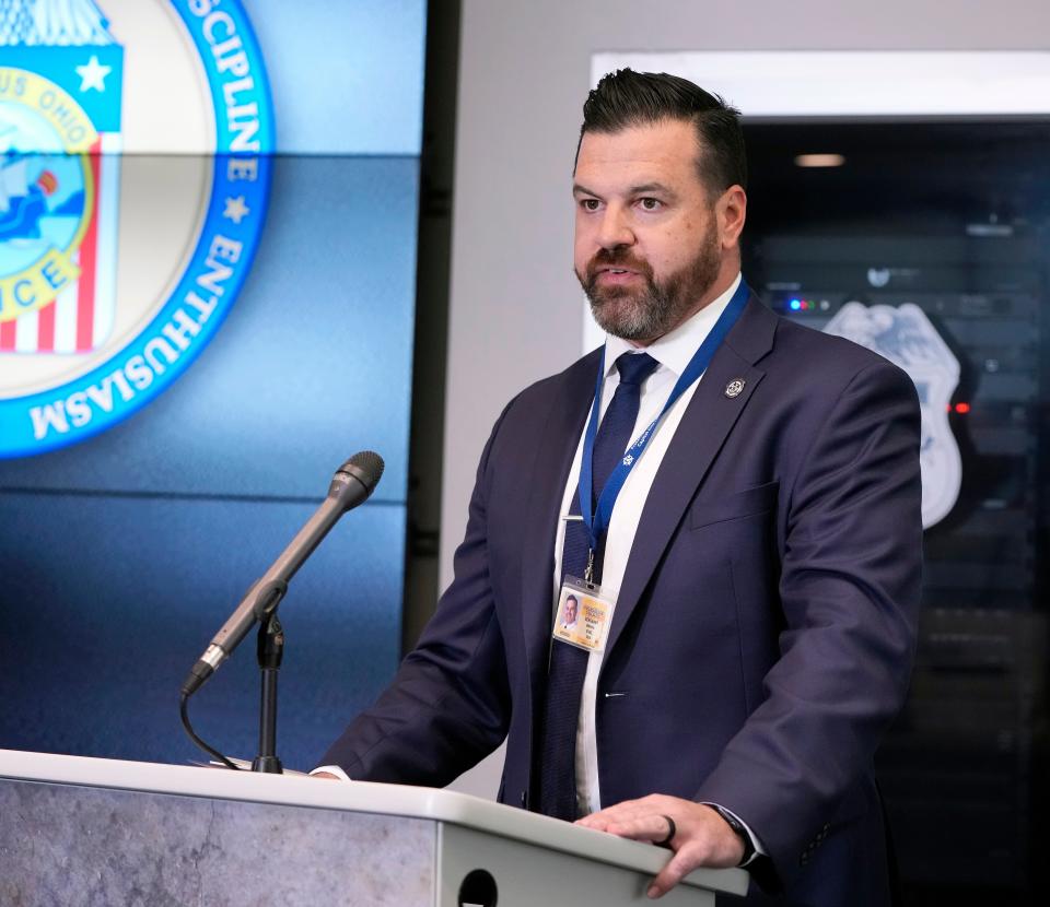 May 10, 2023; Columbus, Ohio, United States;  Sgt. Brian Steel, Executive Vice President of the Fraternal Order of Police Capital City Lodge #9, speaks during a press conference Wednesday morning at Columbus Police headquarters. Central Ohio Crimestoppers is offering a reward for information that leads to arrests after shots were fired at police officers during a street takeover along Indianola Avenue in north Columbus on April 29th.Mandatory Credit: Barbara Perenic/The Columbus Dispatch