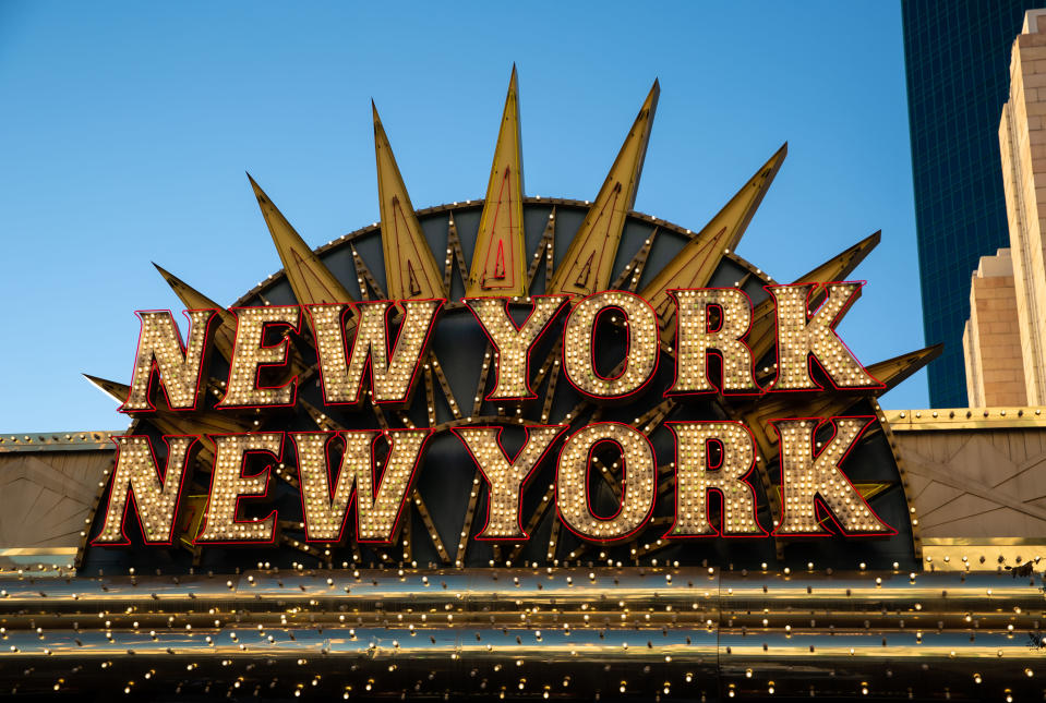 LAS VEGAS, NV - JANUARY 9:  The entrance to New York New York Hotel & Casino is viewed on January 9, 2022 in Las Vegas, Nevada. Conventions, gamblers, and record gaming profits have once again returned to Sin City despite a surge of infections and hospitalizations due to the Omicron Covid virus. (Photo by George Rose/Getty Images)