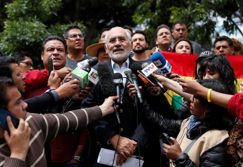 Carlos Mesa, election runner-up of Bolivia's opposition, talks to the media during a news conference in La Paz