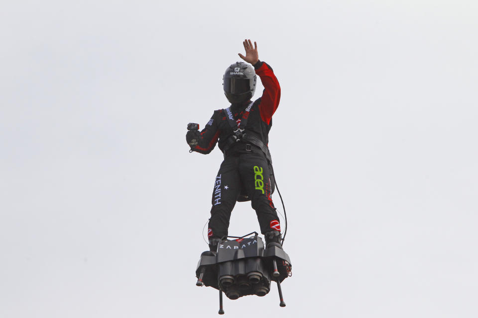 Franky Zapata, "Le Rocketman", a 40-year-old inventor, performs a training flight over the Saint Inglevert airport near Calais, Northern France, Wednesday July 24, 2019. On Thursday, Zapata, a 40-year-old inventor, will attempt to fly into the record books by becoming the first person in human history to zoom across the Channel aboard a jet-powered 'hover-board'. (Photo/Michel Spingler)