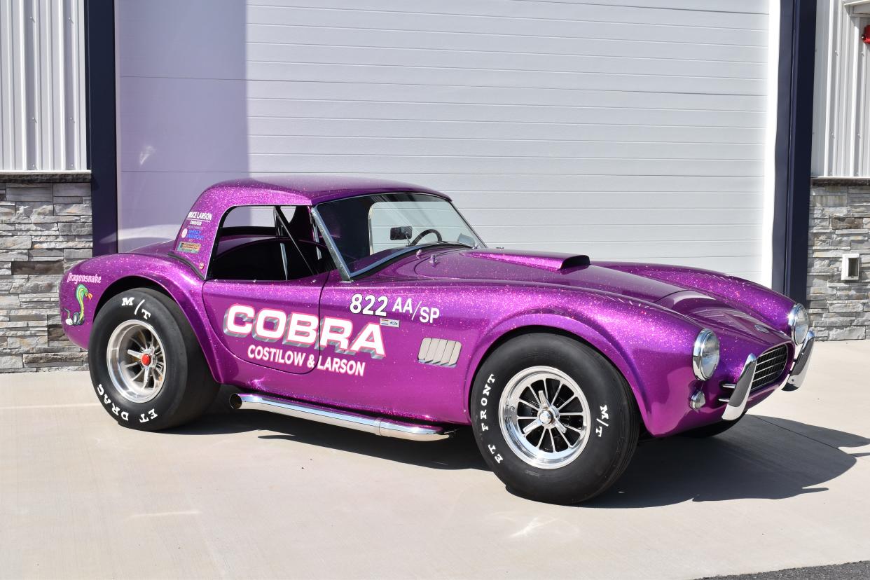 Shelby American announced Friday, June 2, 2023 it would reopen production of the classic 1963 Shelby "Dragonsnake" Cobra. Only five will be made, starting at $750,000 apiece. This roadster is painted to mimic the original raced by Bruce Larson, a legendary drag racer.