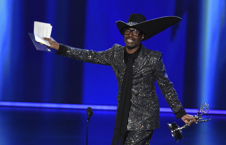 Billy Porter accepts the award for outstanding lead actor in a drama series for "Pose" at the 71st Primetime Emmy Awards on Sunday, Sept. 22, 2019, at the Microsoft Theater in Los Angeles. (Photo by Chris Pizzello/Invision/AP)