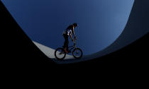 <p>Daniel Dhers of Venezuela practices for the BMX freestyle competition at Ariake Urban Sports Park.</p>