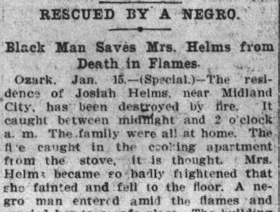 Story of how a Black man saved Mrs. Josiah Helms from a house fire in 1902. The header says, "Rescued by a negro."