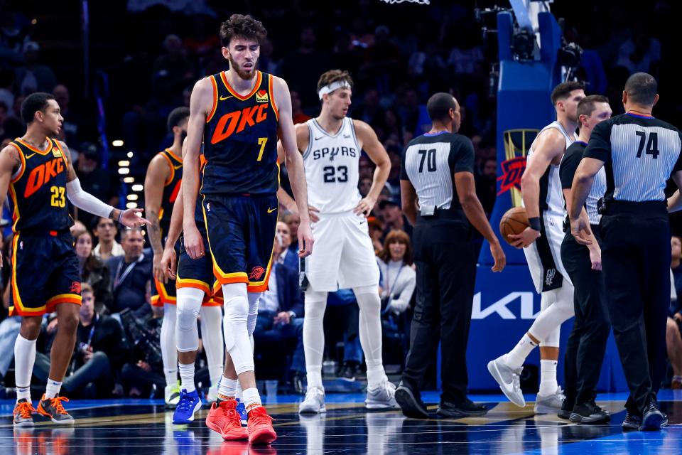 Oklahoma City forward Chet Holmgren (7) walks off the court after being fouled in the fourth quarter during an NBA game between the Oklahoma City Thunder and the San Antonio Spurs at the Paycom Center in Oklahoma City, on Tuesday, Nov. 14, 2023.