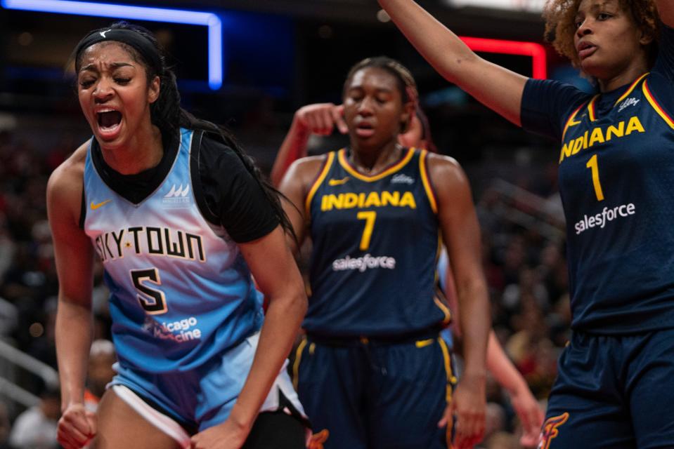 Chicago Sky forward Angel Reese (5) reacts after scoring on Sunday June 16, 2024, during the game at Gainbridge Fieldhouse in Indianapolis. The Fever beat the Sky 91-83.