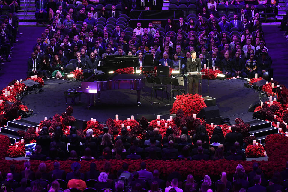 TV personality Jimmy Kimmel speaks during the "Celebration of Life for Kobe and Gianna Bryant" at Staples Center on February 24, 2020 in Los Angeles, California. (Photo by Kevork Djansezian/Getty Images)