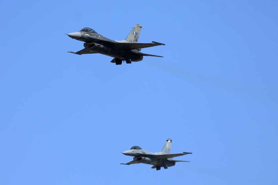 Greek Fighter Jets F-16 Viper, fly over Tanagra air force base about 74 kilometres (46 miles) north of Athens, Greece, Monday, Sept. 12, 2022. Greece's air force on Monday took delivery of a first pair of upgraded F-16 military jets, under a $1.5 billion program to fully modernize its fighter fleet amid increasing tension with neighboring Turkey. (AP Photo/Thanassis Stavrakis)