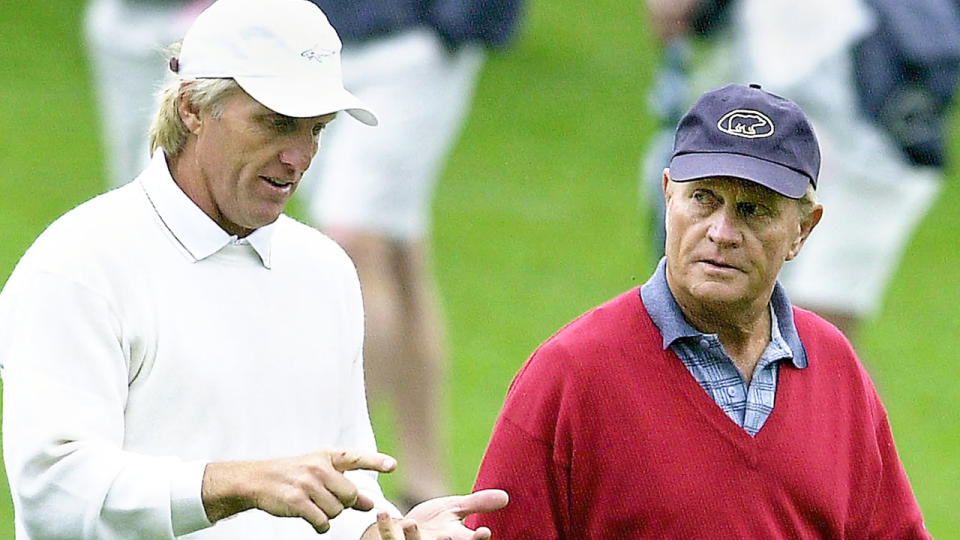 Pictured right is golf legend Jack Nicklaus walking with fellow great Greg Norman.