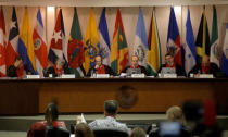 (L-R) Patricio Pazmino, Elizabeth Odio, Eduardo Vio Grossi, Roberto Caldas, Humberto Sierra and Eugenio Raul Zaffaroni, judges of the Inter-American Commission on Human Rights, attend a hearing of victims of the 2006 land conflict in San Salvador Atenco in Mexico, in San Jose, Costa Rica November 16, 2017. REUTERS/Juan Carlos Ulate