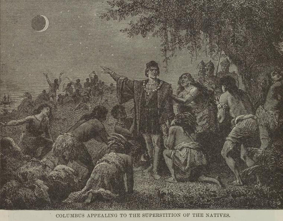 A depiction of Columbus observing a lunar eclipse in Jamaica in 1502. <cite>New York Public Library</cite>