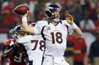 ATLANTA, GA - SEPTEMBER 17: Quarterback Peyton Manning #18 of the Denver Broncos throws the ball against the Atlanta Falcons during their game at the Georgia Dome on September 17, 2012 in Atlanta, Georgia. (Photo by Kevin C. Cox/Getty Images)