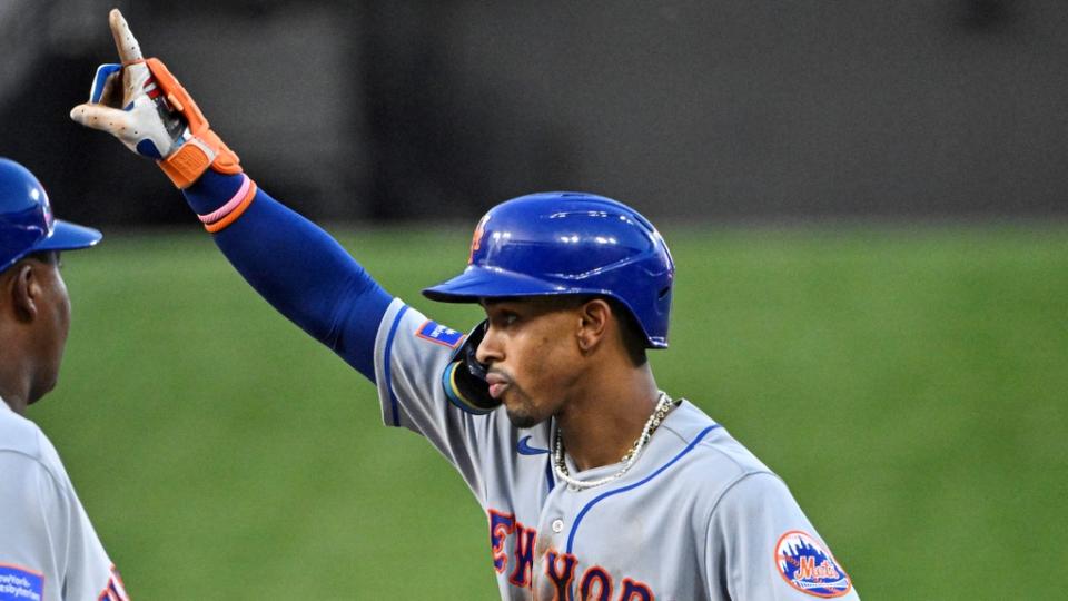 Aug 19, 2023; St. Louis, Missouri, USA; New York Mets shortstop Francisco Lindor (12) reacts after hitting a single against the St. Louis Cardinals during the fifth inning at Busch Stadium. Mandatory Credit: Jeff Curry-USA TODAY Sports