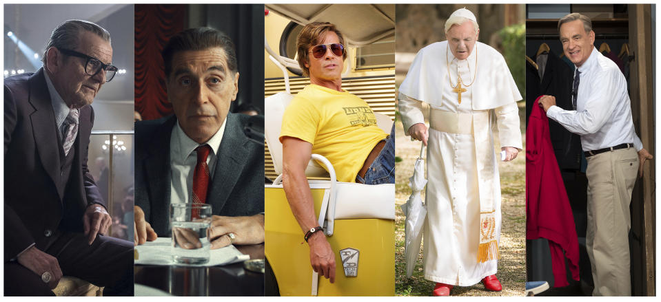 This combination of photos shows best supporting actor Oscar nominees, from left, Joe Pesci in "The Irishman," Al Pacino in "The Irishman," Brad Pitt in "Once Upon a Time...in Hollywood," Anthony Hopkins in "The Two Popes," and Tom Hanks in "A Beautiful Day in the Neighborhood." The 92nd Academy Awards will take place Feb. 9 in Los Angeles.(Netflix/Netflix/Sony/Netflix/Sony via AP)