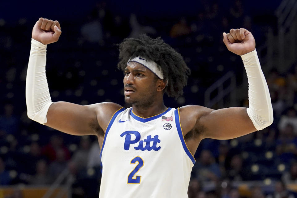 Pittsburgh's Blake Hinson (2) reacts during the second half of an NCAA college basketball game against Florida State Tuesday, March 5, 2024, in Pittsburgh. (AP Photo/Matt Freed)