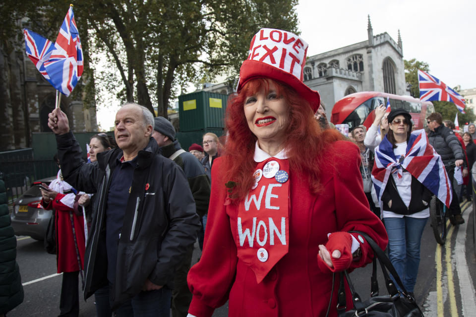 Pro Brexit anti European Union Leave protesters demonstrating in Westminster on what, prior to another Brexit Day extension, would have been the day the UK was scheduled to leave the EU, and instead political parties commence campaigning for a General Election on 31st October 2019 in London, England, United Kingdom. Brexit is the scheduled withdrawal of the United Kingdom from the European Union. Following a June 2016 referendum, in which 51.9% of participating voters voted to leave. (photo by Mike Kemp/In Pictures via Getty Images)