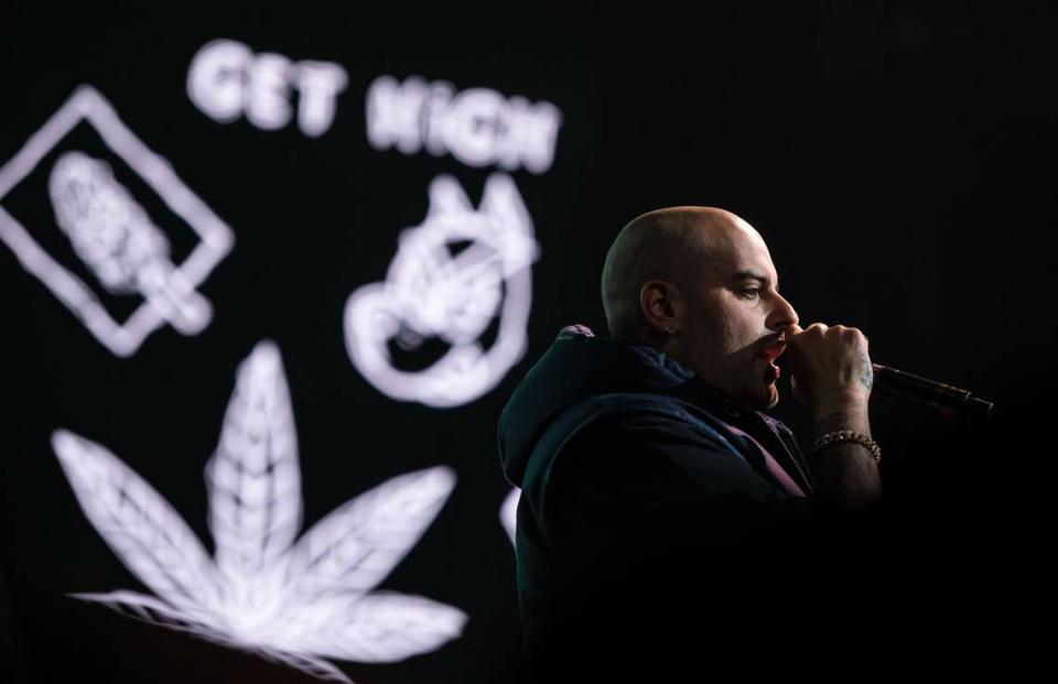 Berner, a rapper and co-founder of the cannabis brand Cookies, performs “Wax Room” at Snoop Dogg’s High School Reunion Tour at Sacramento’s Golden 1 Center on Friday, Aug. 25, 2023, with Wiz Khalifa, Too $hort, Warren G and DJ Drama.