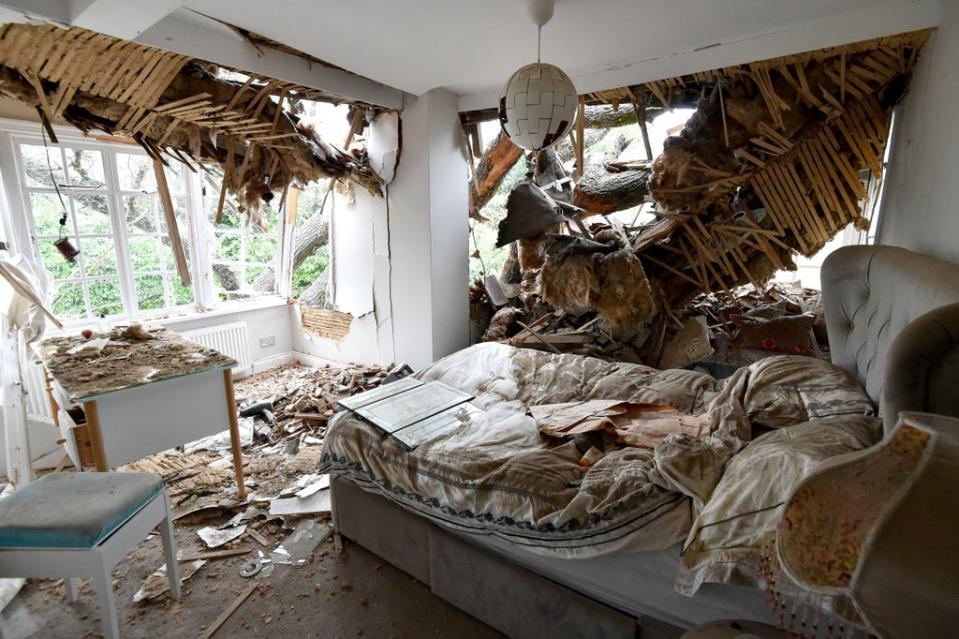 Damage caused to a bedroom at the home of Dominic Good by a fallen tree near Brentwood, Essex (Nicholas T Ansell/PA) (PA Wire)
