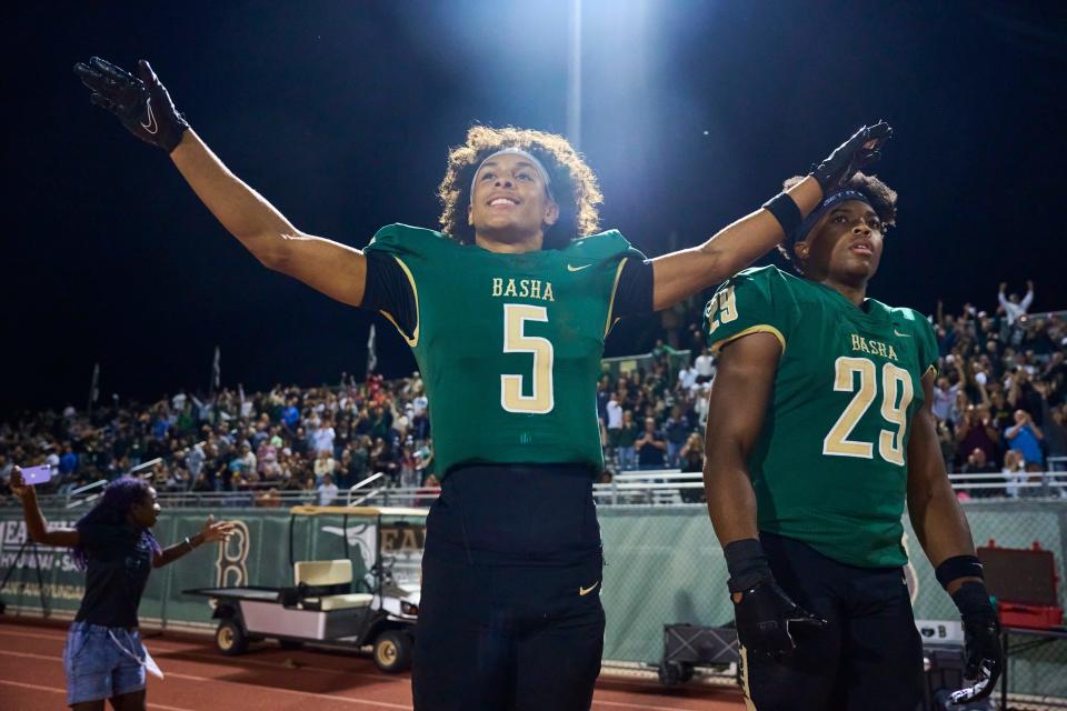 Basha Bears wide receiver Gio Richardson (5) and running back Noah Roberts (29) react to an incomplete pass by the American Leadership Academy Patriots in the dying moments of the game at Basha High School in Chandler on Nov. 17, 2023.