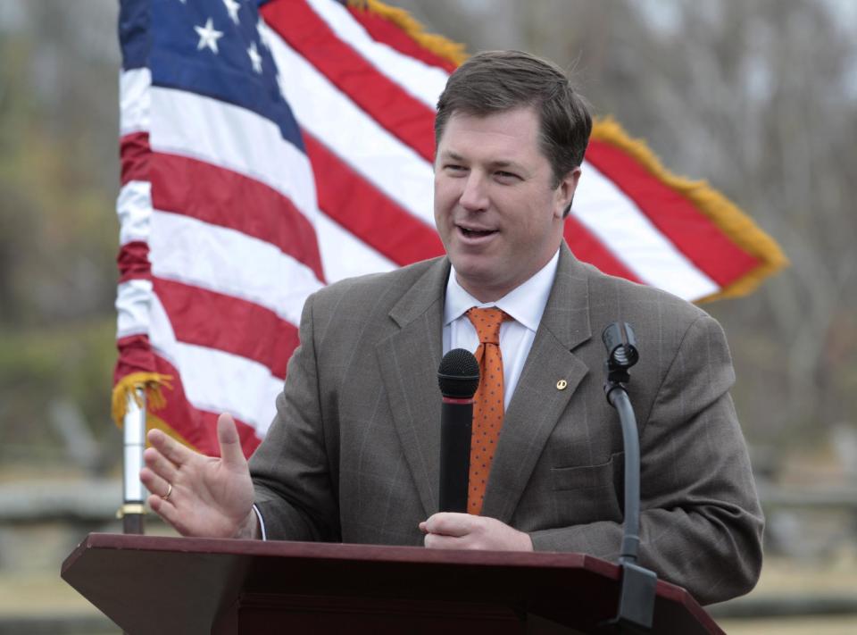 Del. Chris Peace, R-Hanover gestures during a news conference announcing the purchase of 285 acres of land at the Gaines Mill Civil War battlefield site, Monday, Nov. 19, 2012 in Mechanicsville, Va. Gaines' Mill is where Gen. Robert E. Lee had his first major victory as commander of the Army of Northern Virginia. (AP Photo/Steve Helber)