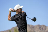 Cameron Davis hits from the first tee during the final round of The American Express golf tournament on the Pete Dye Stadium Course at PGA West Sunday, Jan. 24, 2021, in La Quinta, Calif. (AP Photo/Marcio Jose Sanchez)