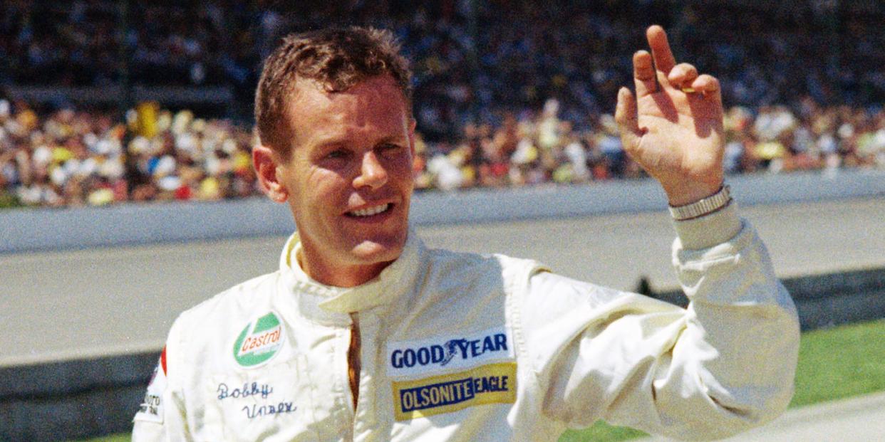 Auto racer Bobby Unser is shown at the Indianapolis 500 auto race in Indianapolis, Ind., in this May 30, 1971, file photo.