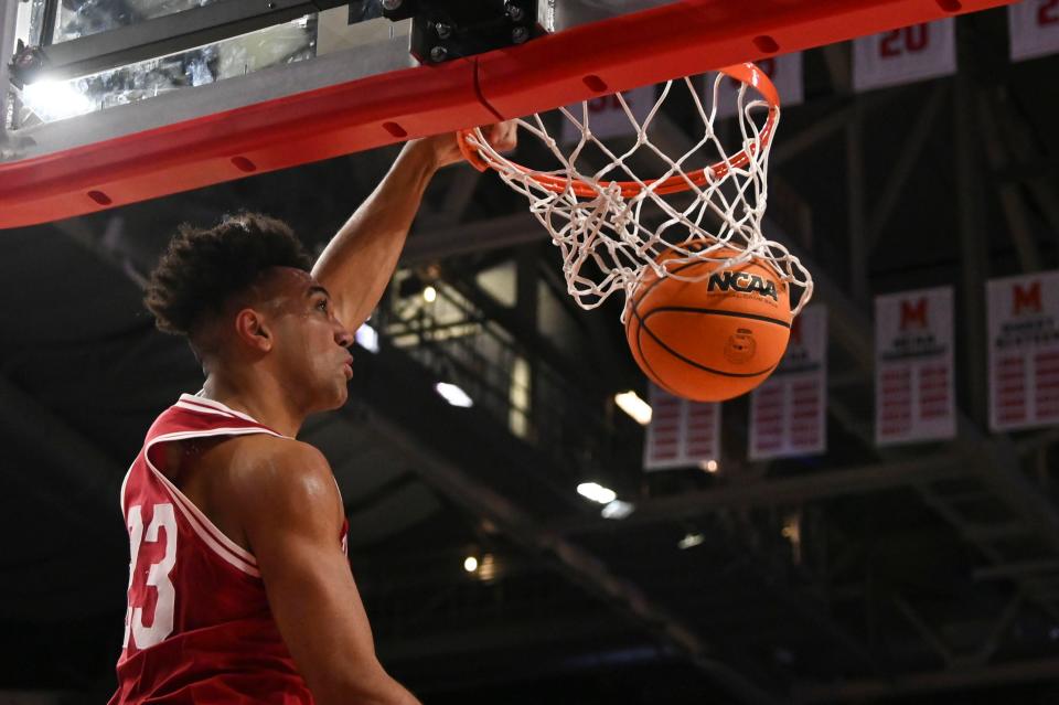 Jan 29, 2022; College Park, Maryland, USA;  Indiana Hoosiers forward Trayce Jackson-Davis (23) dunks during the first half against the Maryland Terrapins at Xfinity Center. Mandatory Credit: Tommy Gilligan-USA TODAY Sports