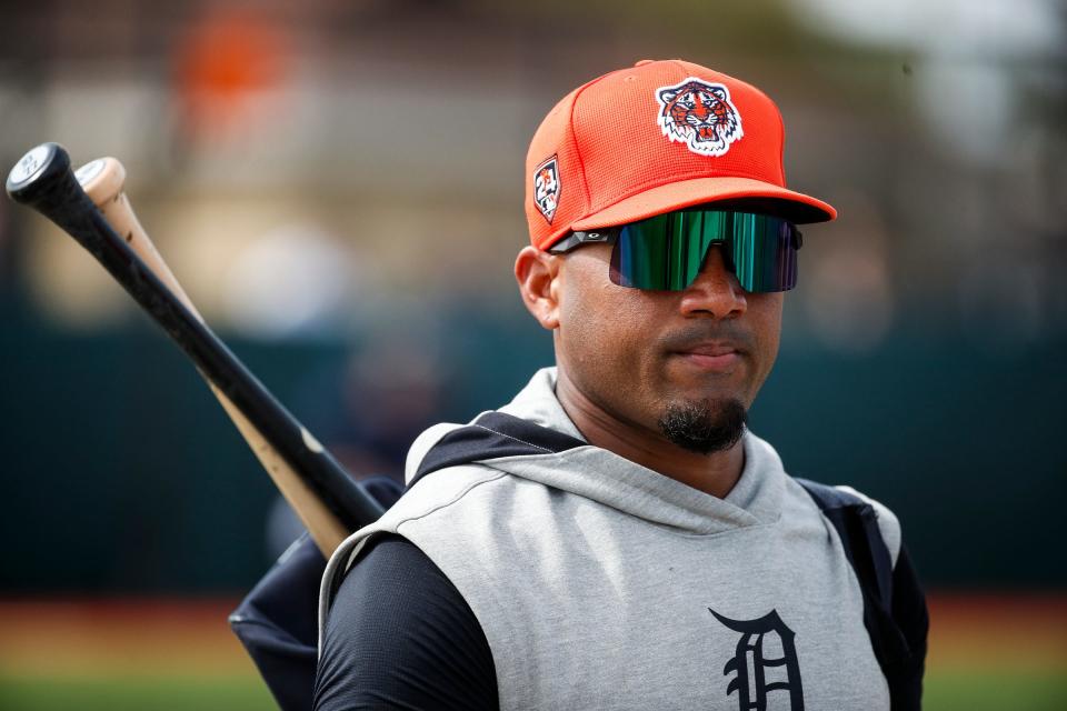 Detroit Tigers infielder Andy Ibáñez walks towards the practice field during spring training at TigerTown in Lakeland, Fla. on Friday, Feb. 16, 2024.