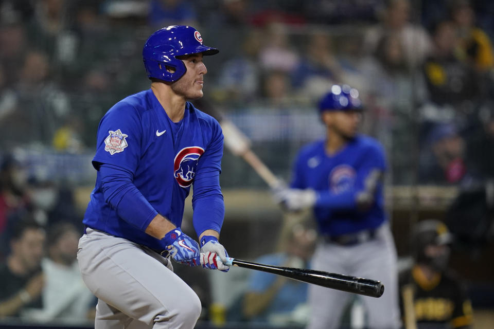 Chicago Cubs' Anthony Rizzo watches his two-run double during the sixth inning of the team's baseball game against the San Diego Padres, Tuesday, June 8, 2021, in San Diego. (AP Photo/Gregory Bull)