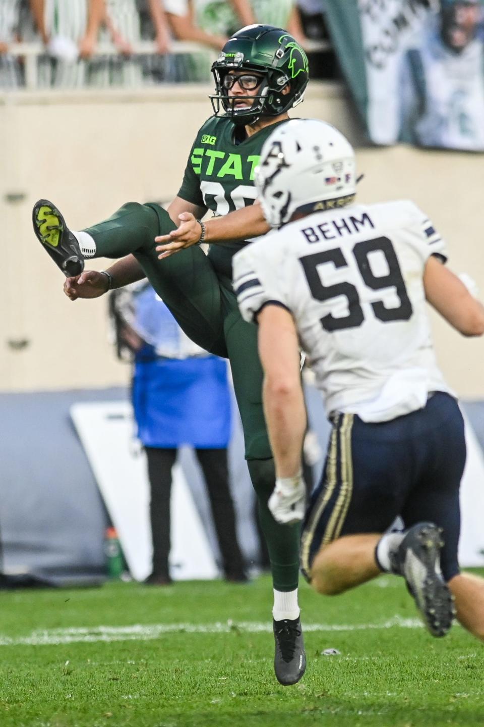 MSU punter Bryce Baringer boomed a 74-yard punt against Western Michigan and leads the nation, averaging 52.04 yards per punt halfway through the season.