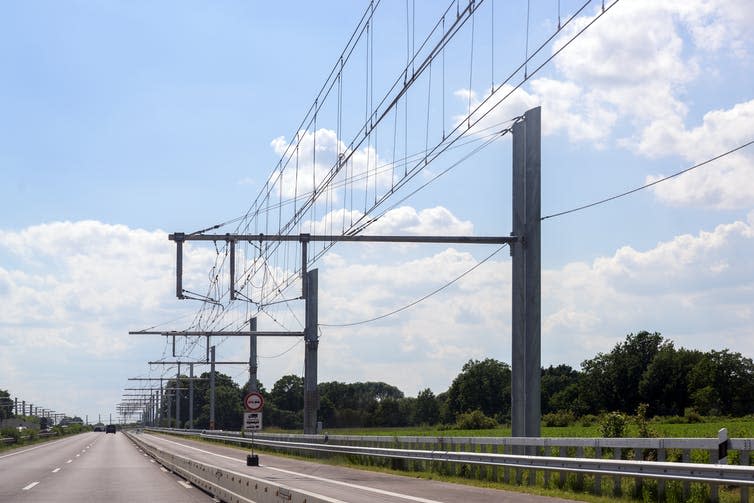 Overhead contact wires span an e-highway in Germany.