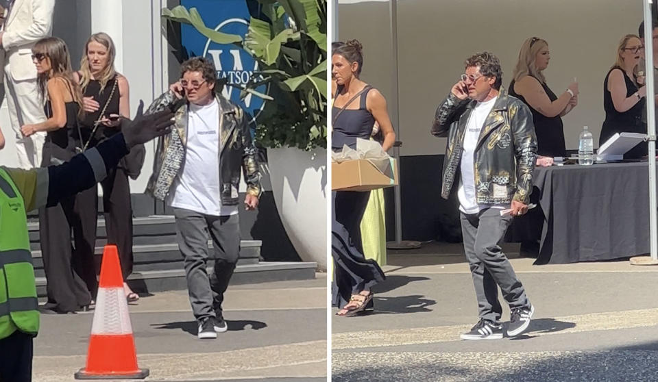 Two images of Nasser on the phone at the ARIA awards 2022